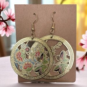 Gold Ornate Hoop Earrings with Floral Design- never worn